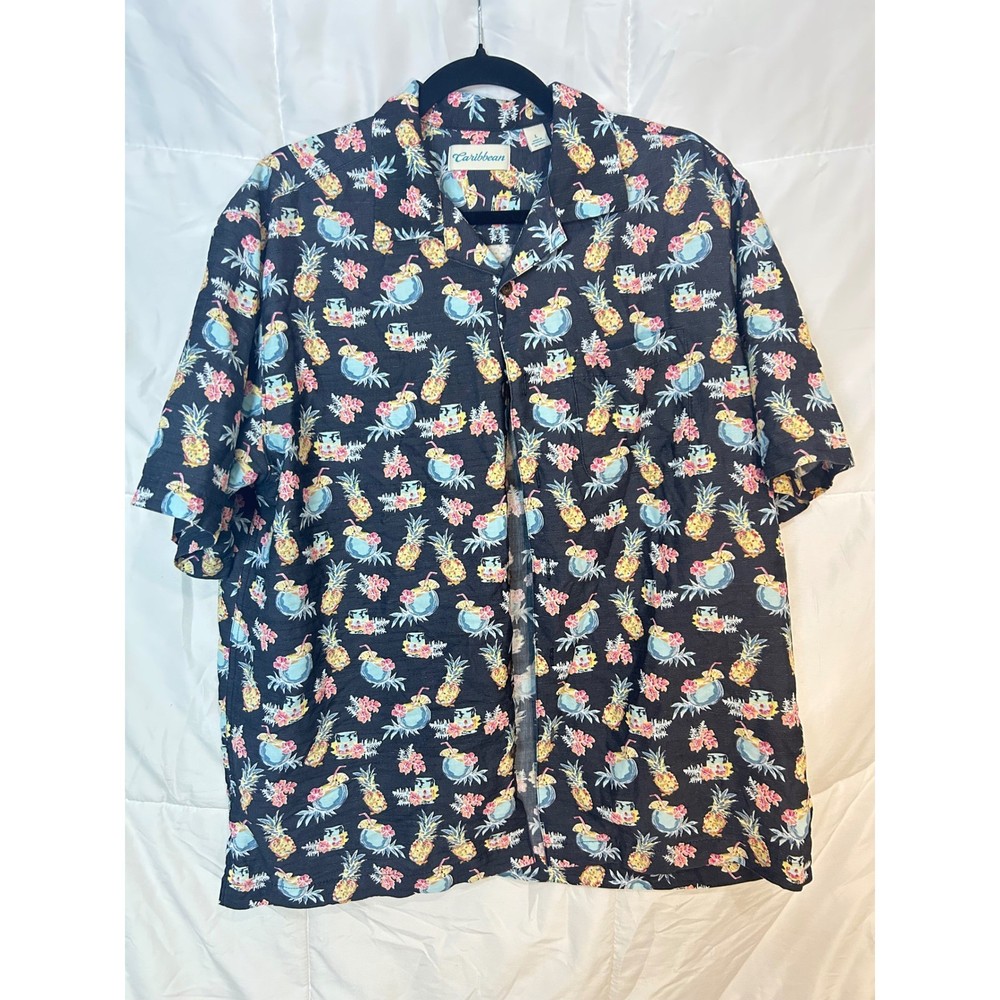 Caribbean Mens Large L Hawaiian Aloha Button Up Shirt Tropical Pineapple  Print