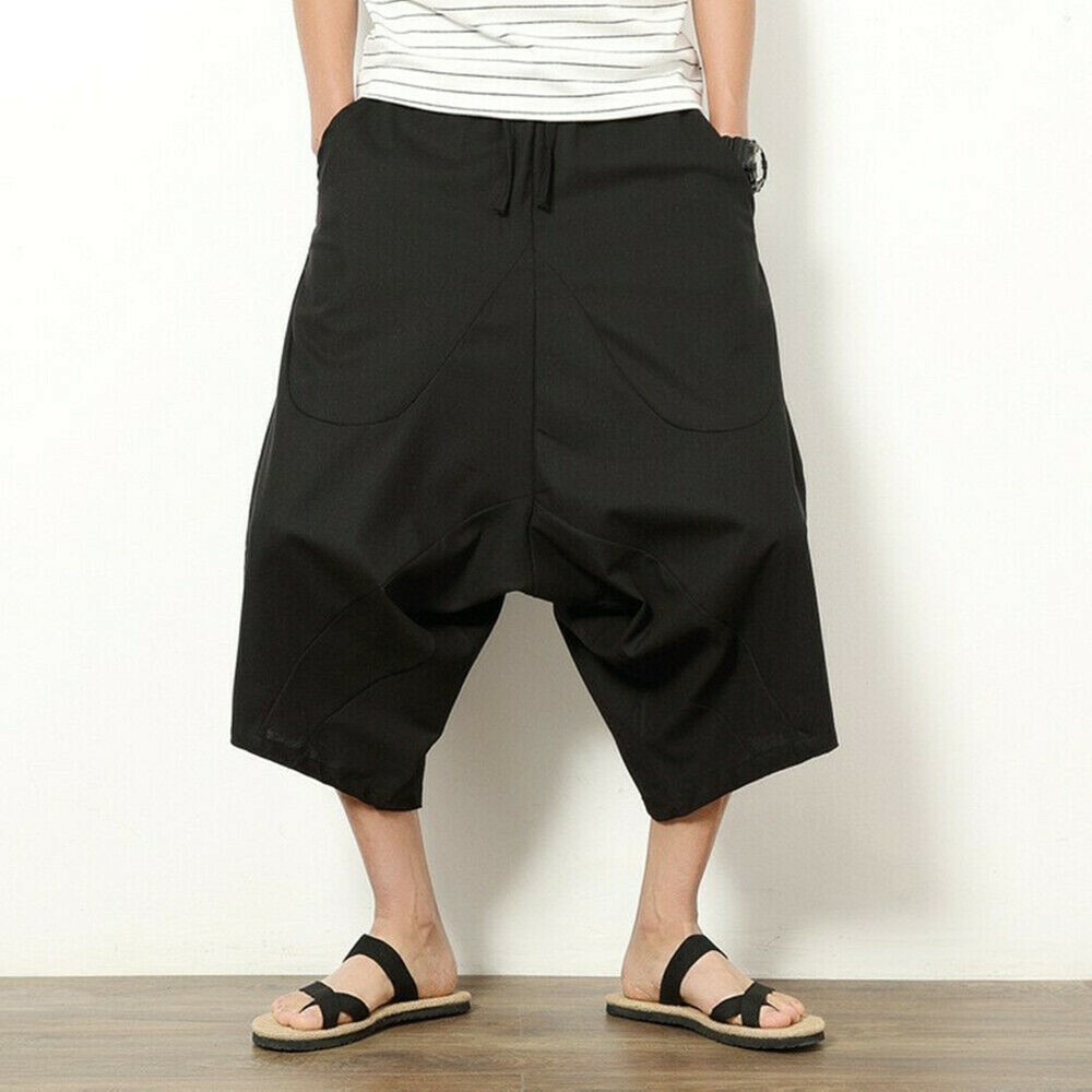 Mens Wide Leg Short Horseback Low Harem Linen Capri Pants Retro