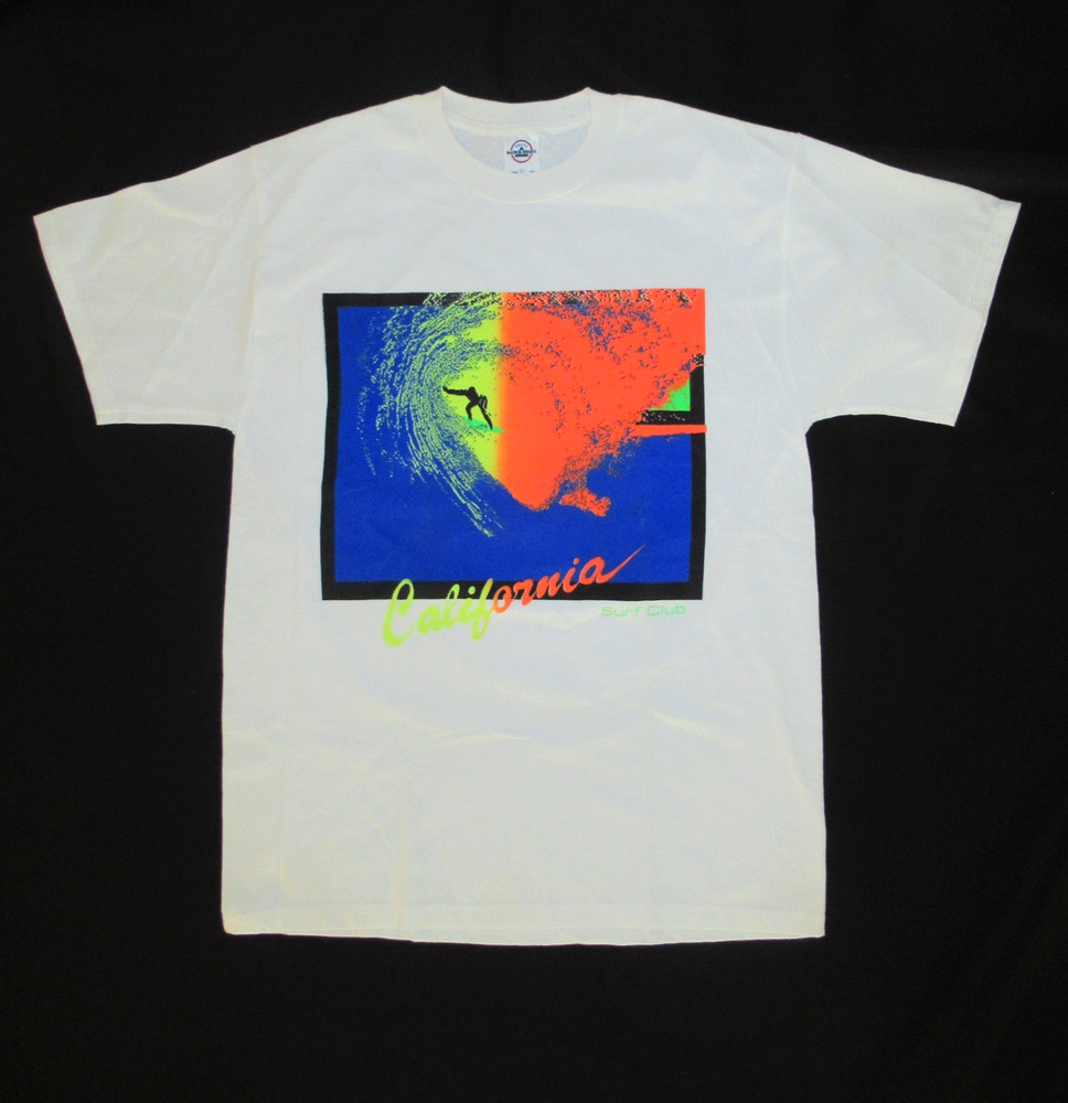 Vintage California Surf club 1990s neon graphics wave surfing t shirt men size L