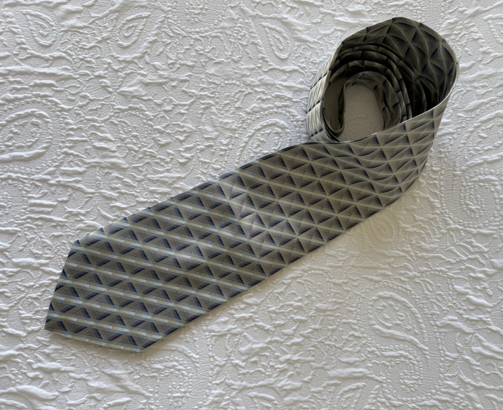 Bachrach Men's Gray Blue Geometric Abstract 100% Silk Woven Logo Tie Italy
