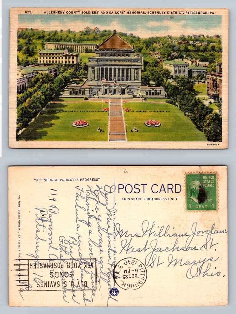Pittsburgh, PA-Pennsylvania, Soldiers Sailors Memorial Vintage c1940 Postcard