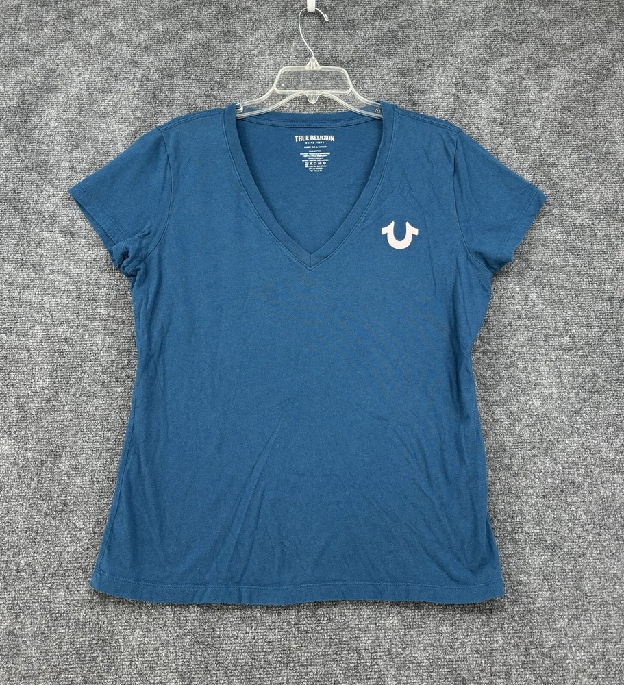 True Religion Buddha Logo V Neck T Shirt Glitter Horseshoe Women’s XL Cowgirl
