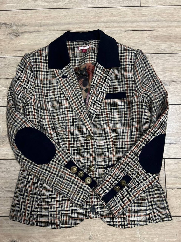Women's Joe Browns Light Cotton Plaid Check Blazer Jacket US 8 UK 12 Patched