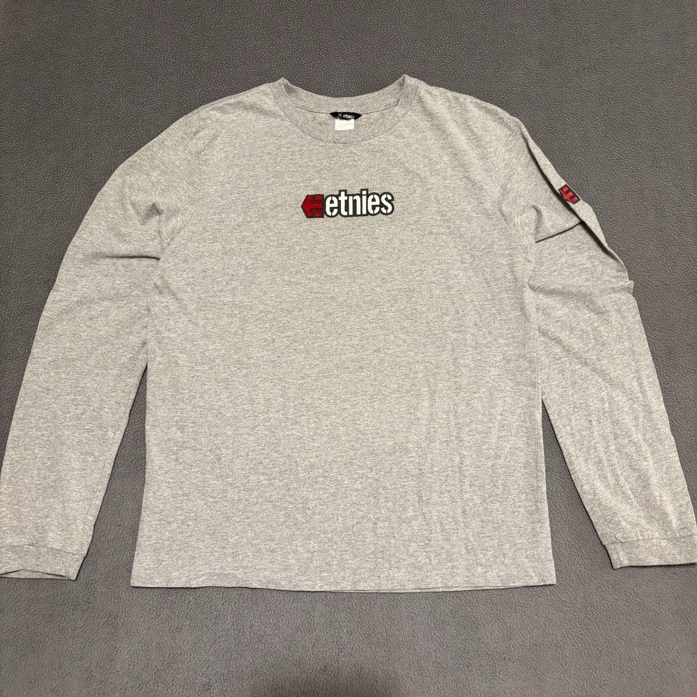 Vtg Y2K Etnies Shirt USA Made Men's XL (FITS SMALL) Gray Long Sleeve Skateboard