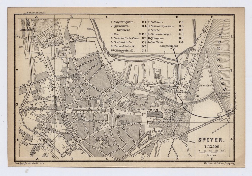 1896 ANTIQUE CITY MAP OF SPEYER / RHINELAND-PALATINATE / GERMANY