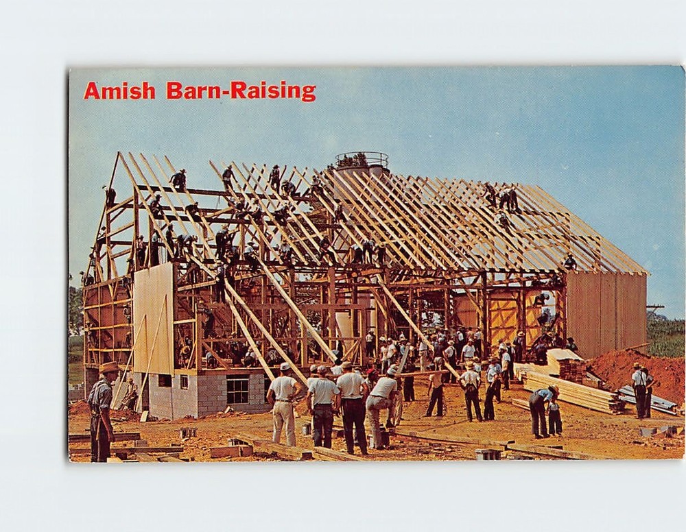 Postcard Amish Barn Raising Pennsylvania USA