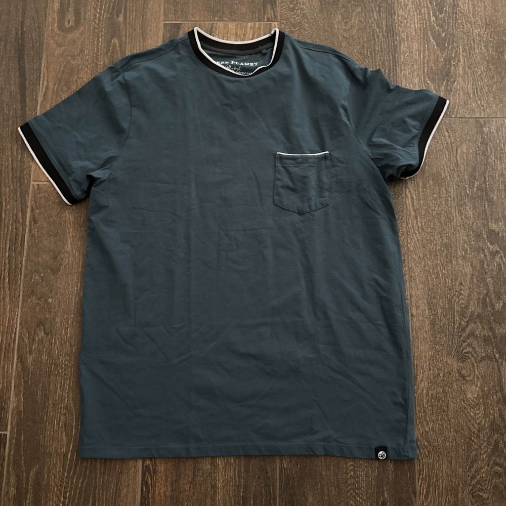 Free Planet T-Shirt Men's XL Green Ringer S/S Cotton Spandex Pocket
