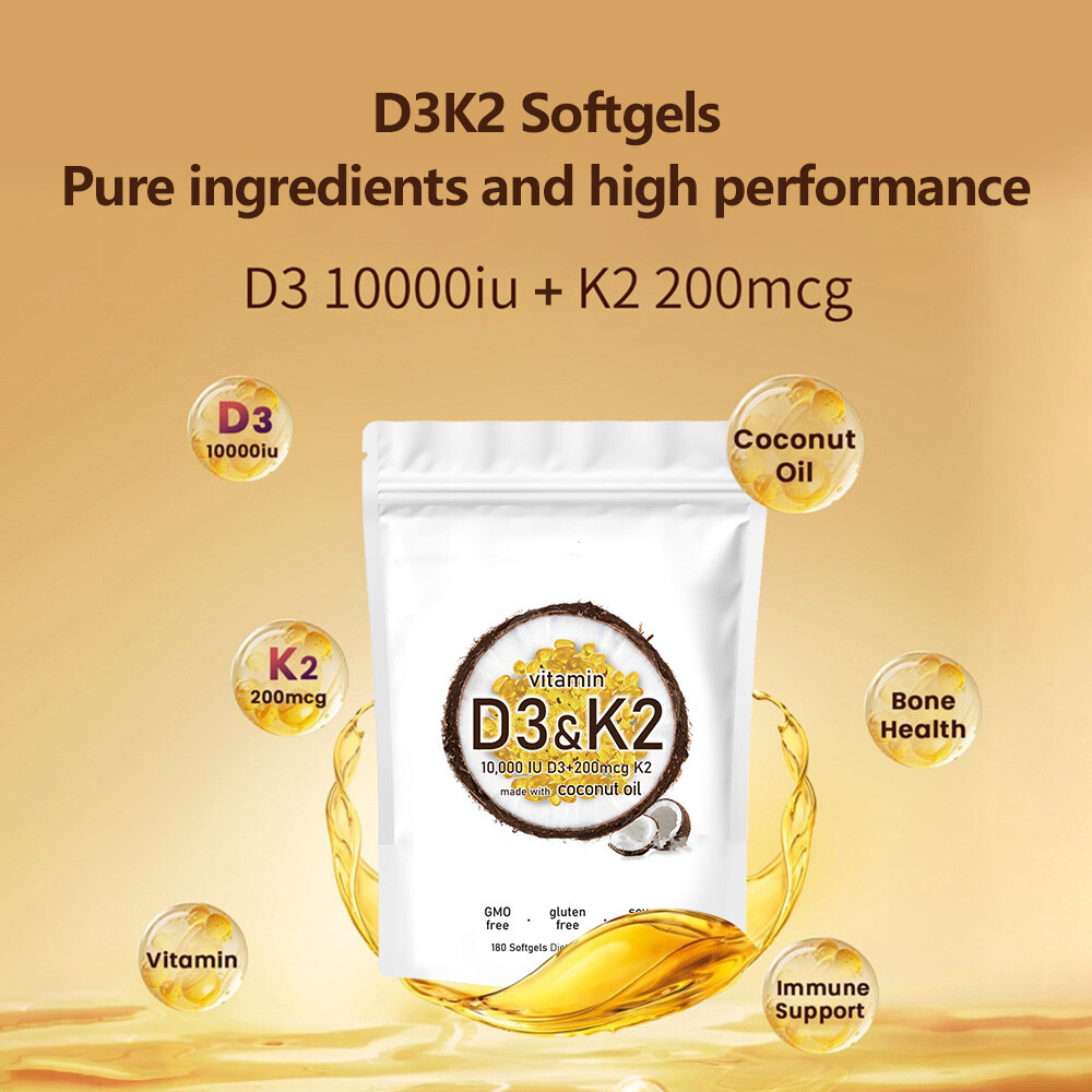 Vitamin D3+K2 Softgels - Extra Strength Bone D3 K2 Supplements Capsules 10000 IU