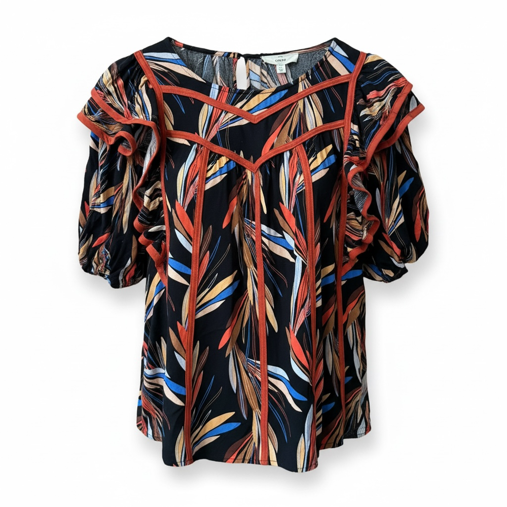 Entro Boutique Boho Tropical Floral Puff Sleeve Ruffled Blouse Women's size L