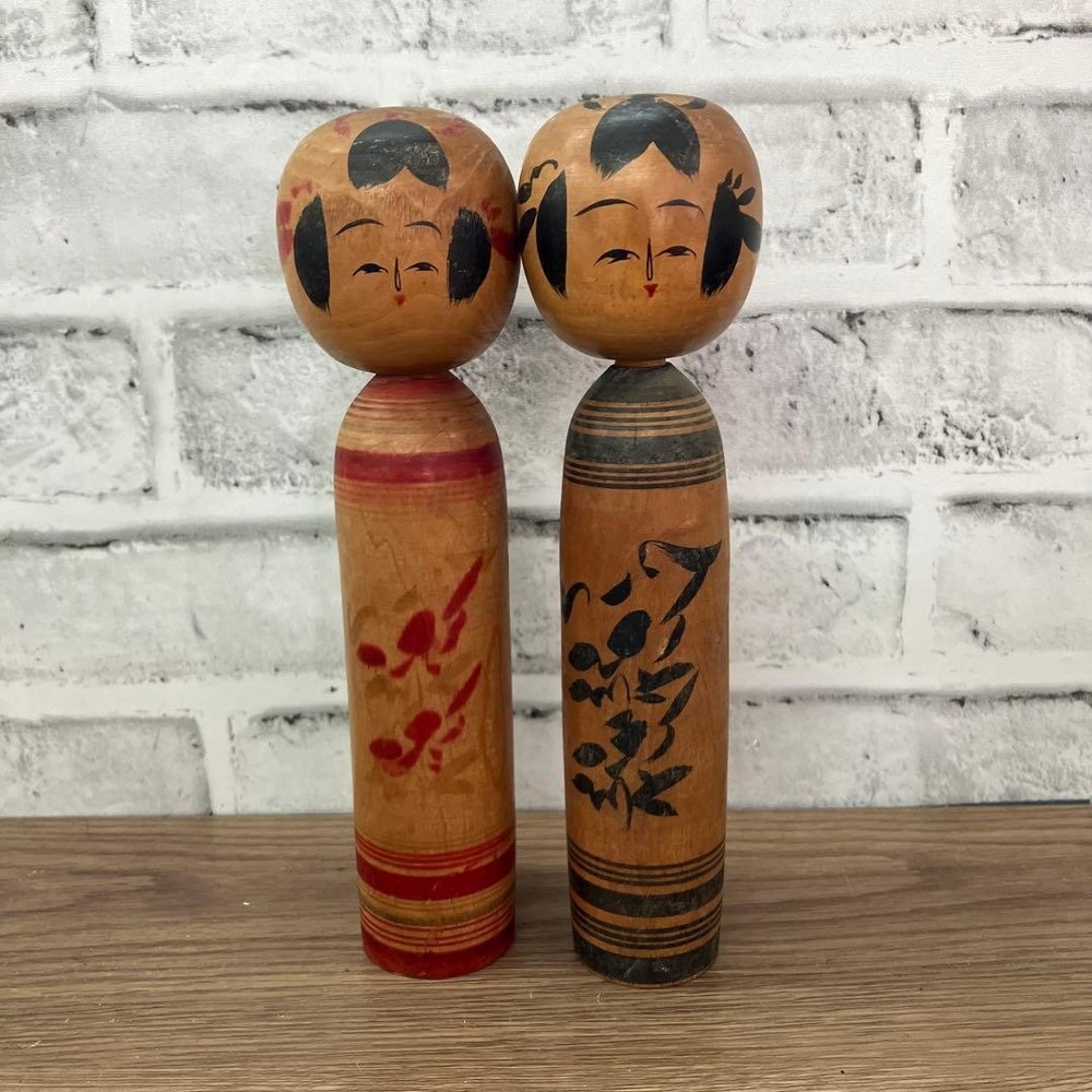 Naruko Kokeshi Doll Set of 2 Vintage Showa Retro Handcrafted Signed