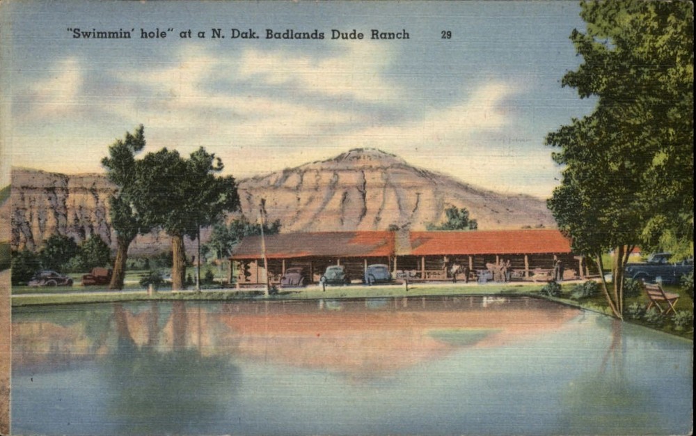Swimming hole Badlands Dude Ranch North Dakota ~ dated 1953 linen postcard