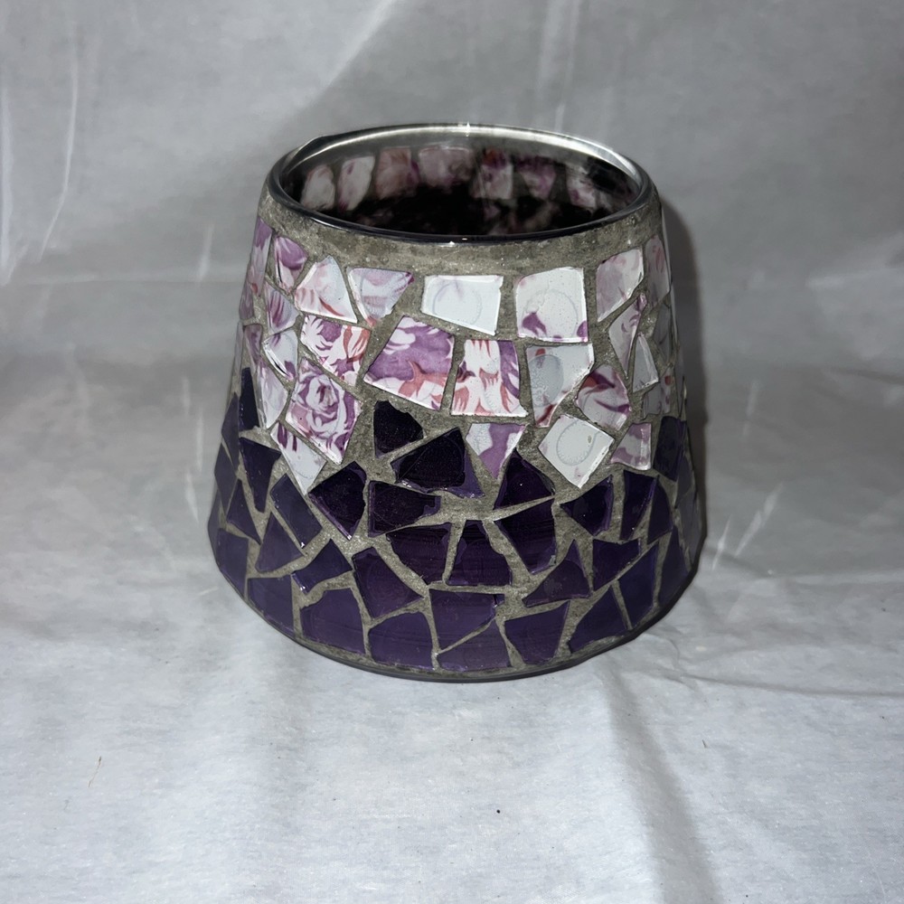Home Interiors Mosaic Glass Candle Lamp Shade Purple & Pink Topper GUC
