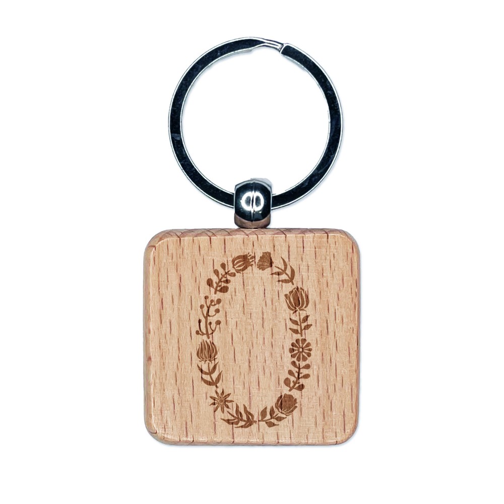 Elegant Botanical Floral Number 0 Engraved Wood Square Keychain Tag Charm