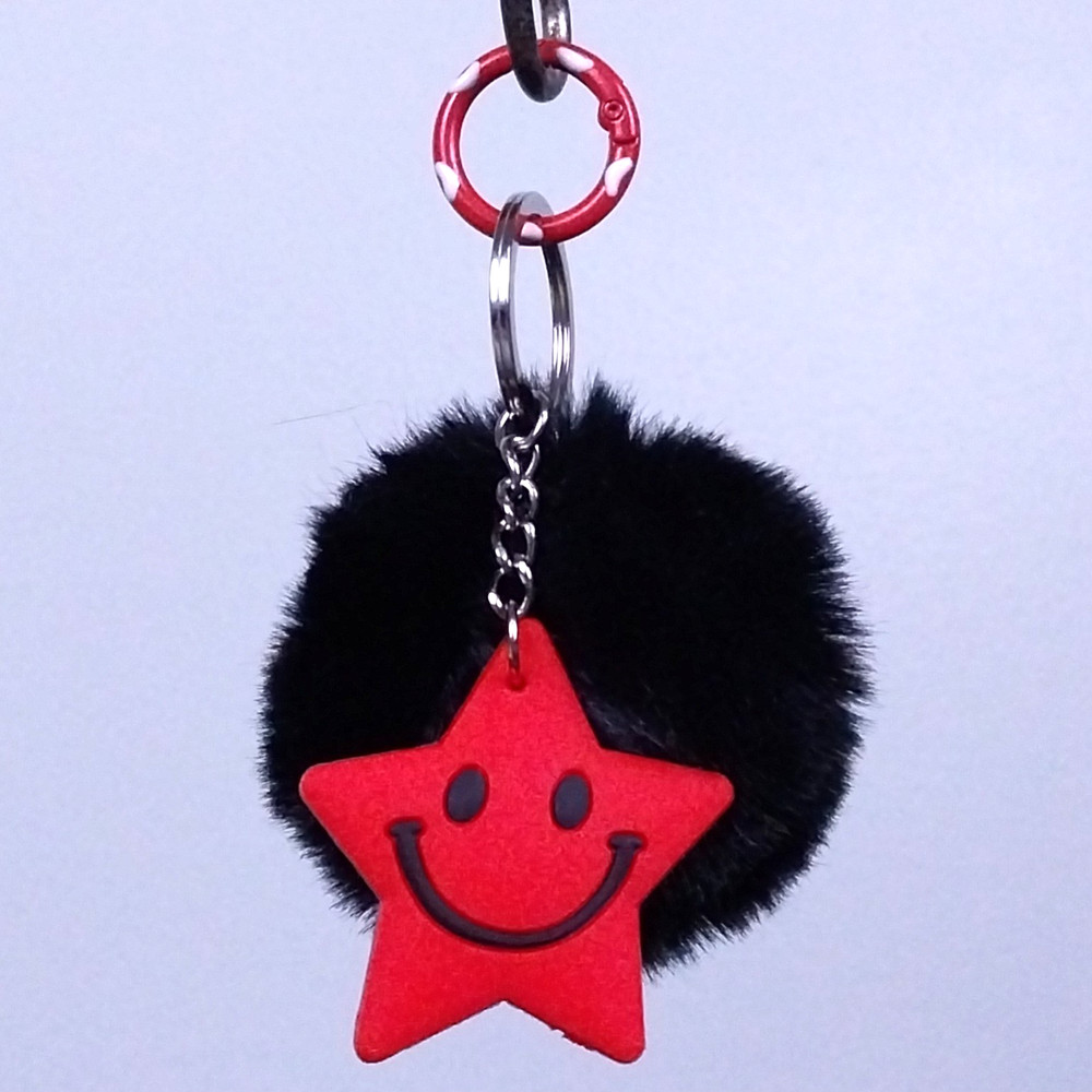 Red Smiley Face Star and Black Pom Pom Keychain - Novelty Key Ring, Bag Charm