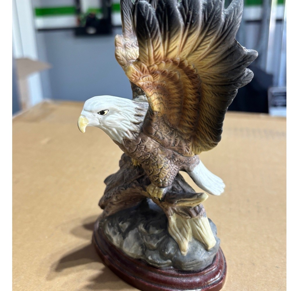 Bald Eagle Figurine on Wooden Base Patriotic Wildlife Statue 7 Inch Decor