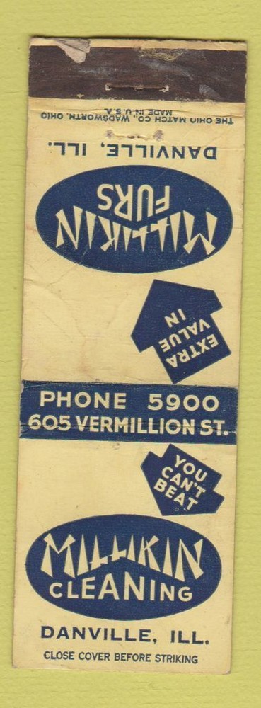 Vintage Matchbook Cover Millikin Furs Danville IL Worn Condition