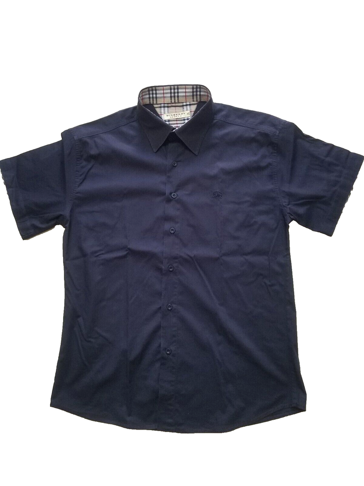 Burberry London Men Black Large Short Sleeve Button Down Shirt with Nova Check Lining