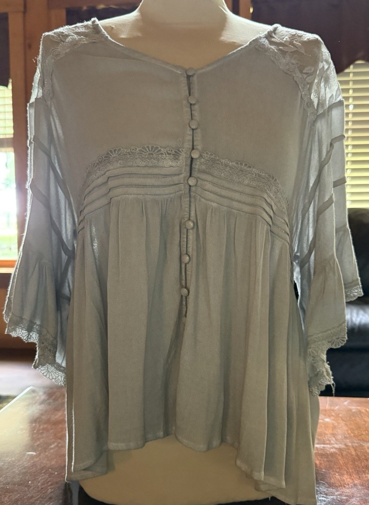 Ladies POL Boho Peasant Size Medium Blouse Blue Flowy