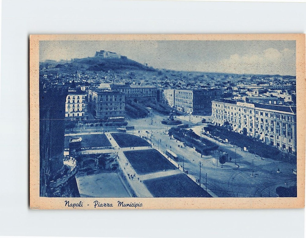 Postcard Castel Sant'Elmo and Piazza Municipio in Naples Italy