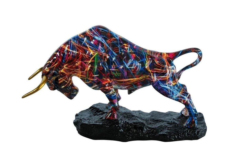 Colorful Resin Bull Statue with Streak Pattern and Gold Horns   14