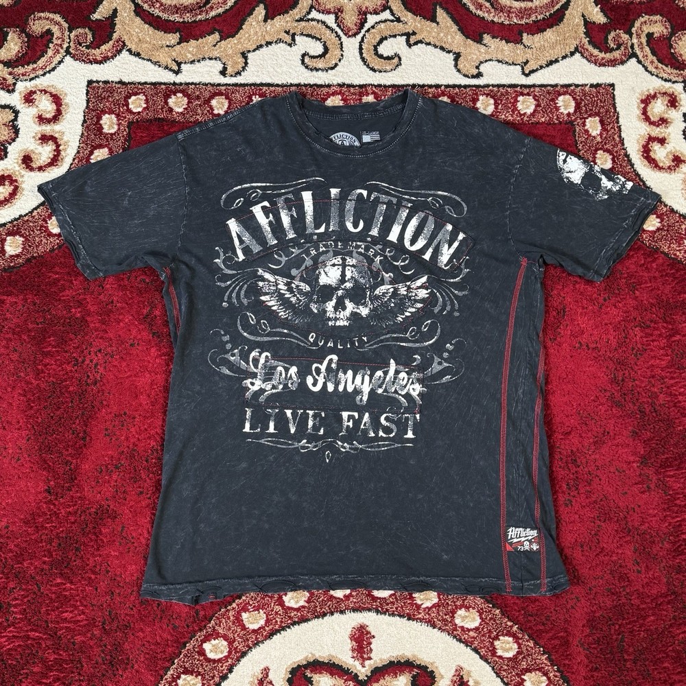 Vintage Y2K Affliction Skull Cross Live Fast Black T Shirt Size 2XL Made in USA