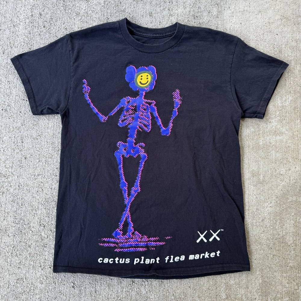 KAWS X Cactus Plant Flea Market Black Skeleton Smile Dancing T-Shirt Mens Medium