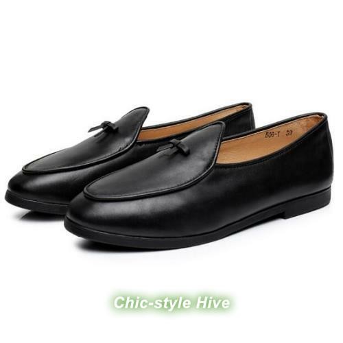 Mens Belgian Dress Leather Slip on Loafer Flat Pump Bowtie Business Casual Shoes