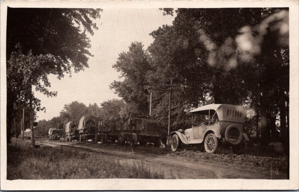 RPPC WWI Era US Army Military Convoy Trucks Automobile Dirt Road Postcard