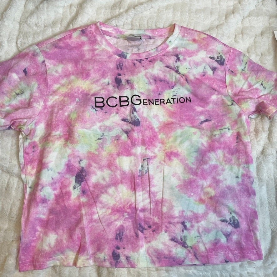 BCBG Tie Dye Cropped Tee Short Sleeve Crewneck in Pink Purple Size Large