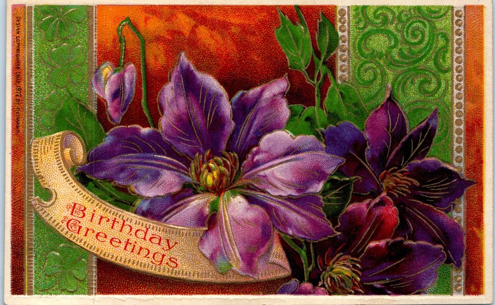 Vintage - Purple Flowers Absinthe Green Embossed Birthday - Postcard - P12-image