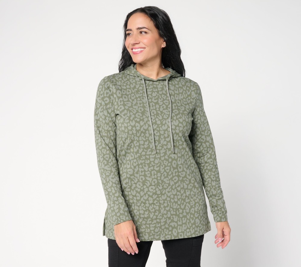 Denim & Co. Women's Top Petite PXL Active French Terry Animal Print Green