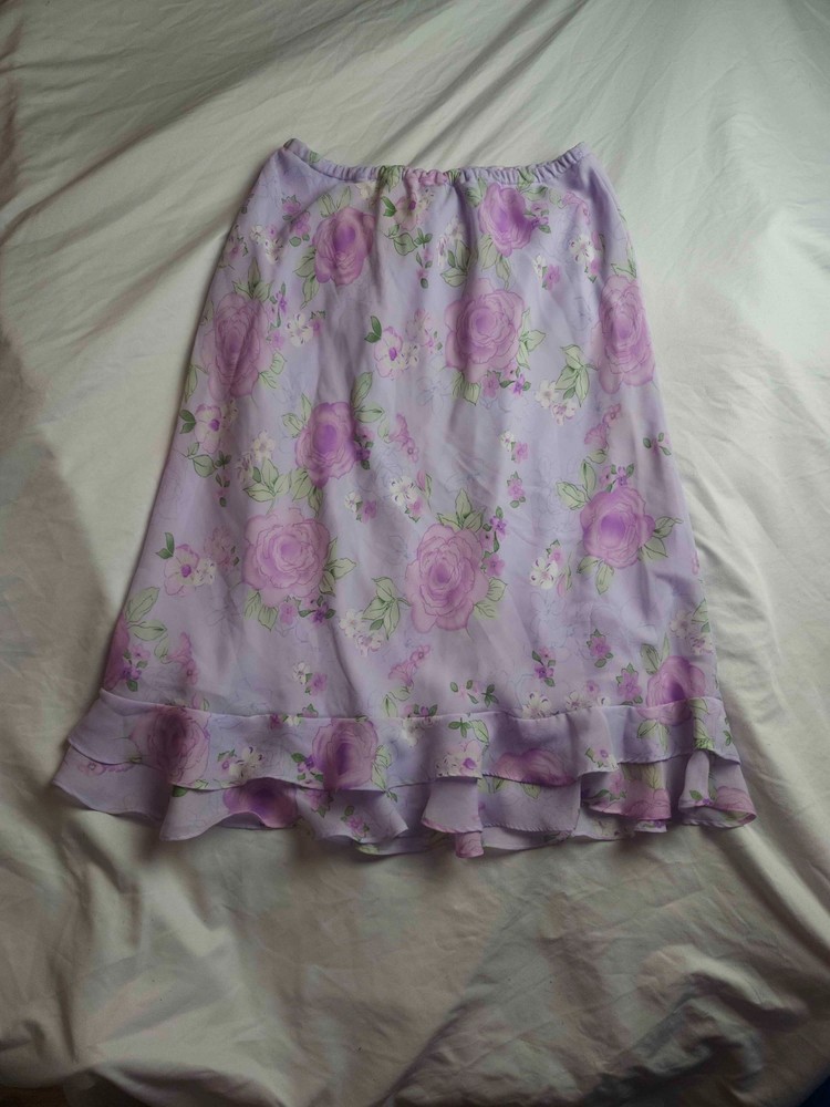 Karin Stevens Skirt Womens Size 8 Purple Floral A-Line Ruffle Hem Knee Length
