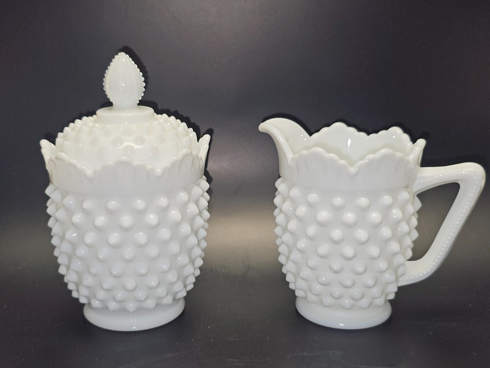 Vintage Hobnail Milk Glass Creamer & Covered Sugar Set White Retro Collectible