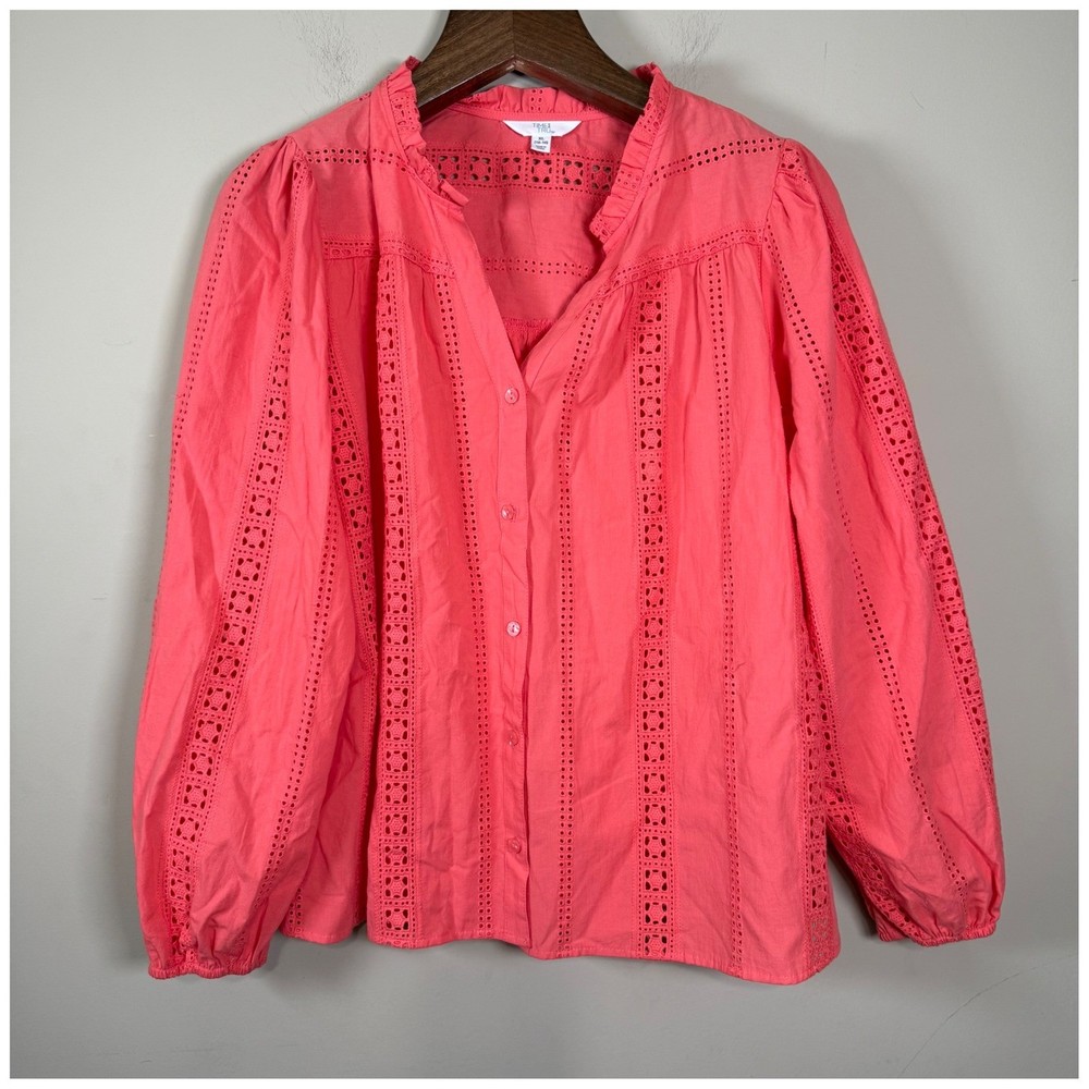 Time & Tru NWT Coral Eyelet Embroidered Peasant Blouse XL