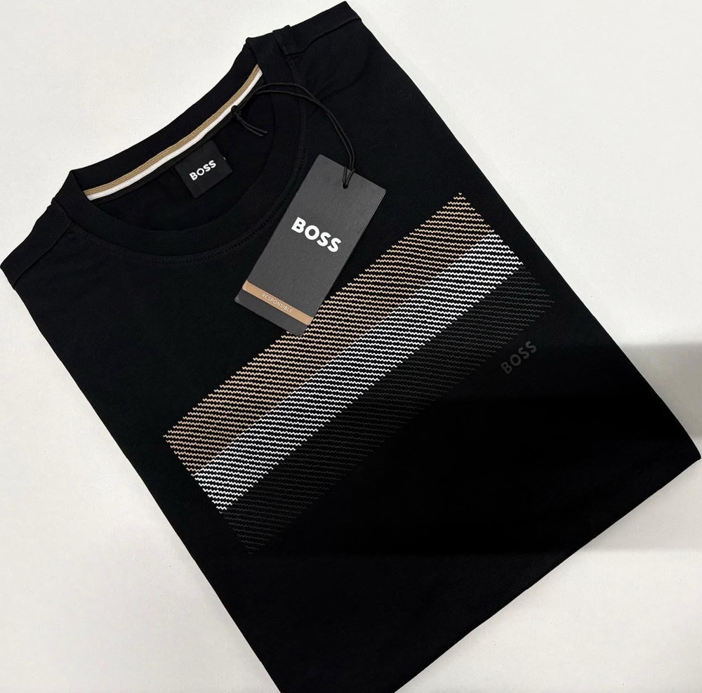 BOSS Men's Black Cotton Logo Graphic Print Crew Neck Short Sleeve T-Shirt L