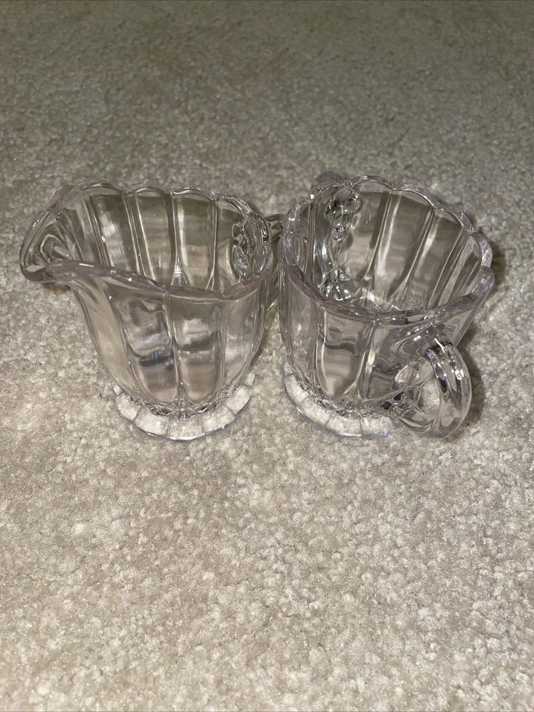 Vintage Scalloped Glass Creamer and Sugar Set Clear Retro Style  