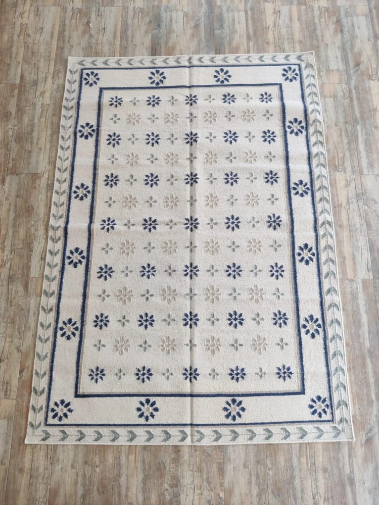 Modern Handwoven Wool Dhurrie Rug Color Beige & Blue Design Handmade Carpet Rug