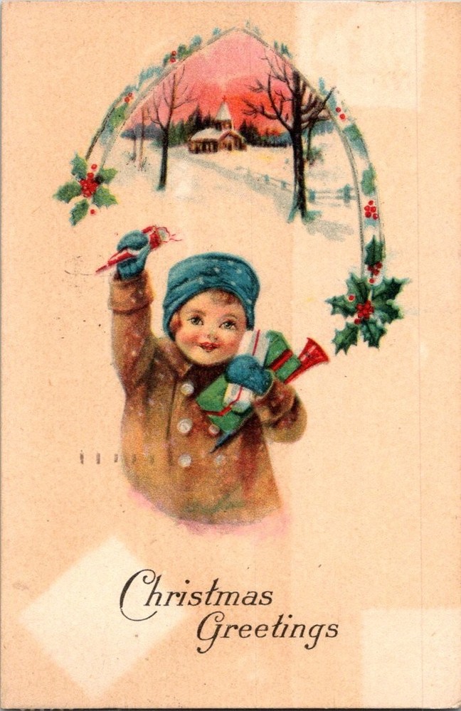 1921 Christmas Greetings Postcard Boy w/ Gifts Church Snow Scene Vintage