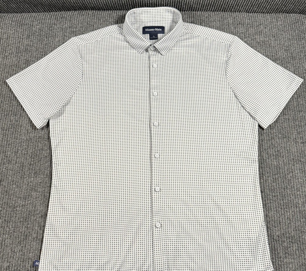 Mizzen Main Shirt Mens Large Trim Geometric Stretch Short Sleeve Button Up White