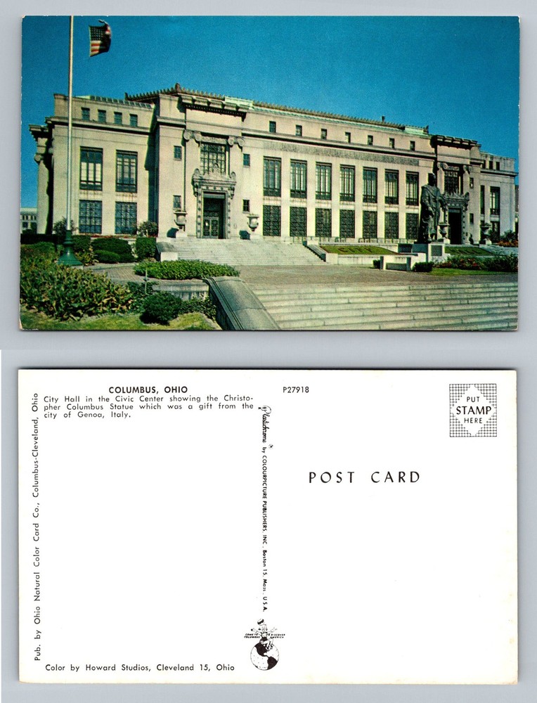 Columbus, OH-Ohio, City Hall And Civic Center Columbus Statue Vintage Postcard