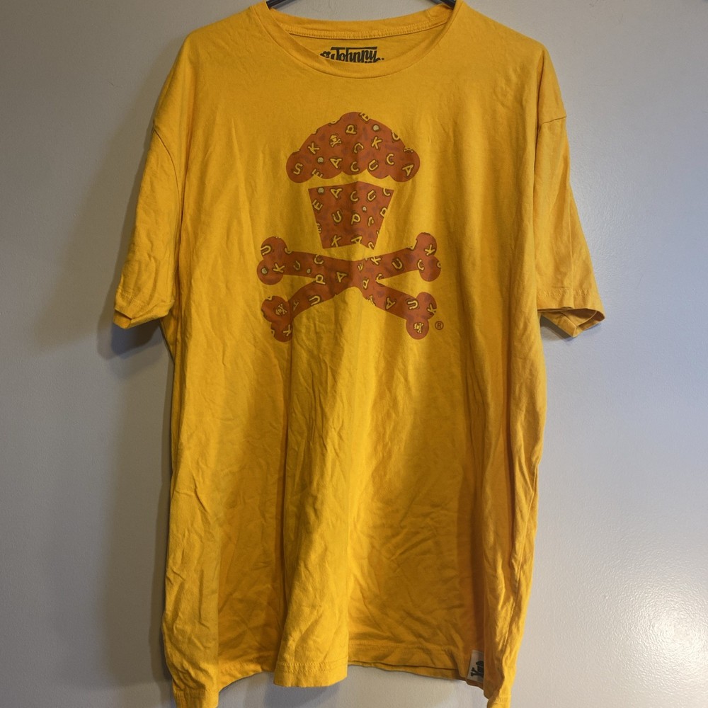 Johnny Cupcakes Mens 2XL Yellow Short Sleeve Cup Cake & Bones Tee Graphic Tshirt