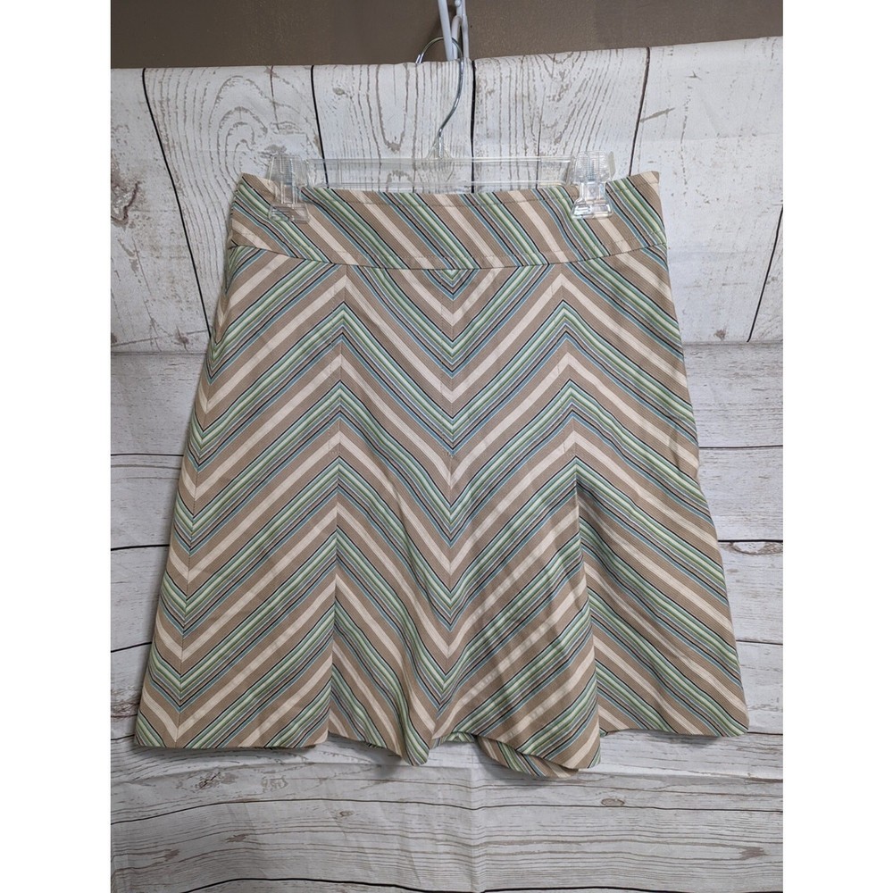 LOFT Women's Size 4 Midi A-line Skirt Tan Green Blue Brown Striped Side Zip