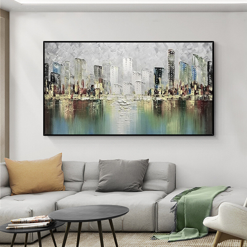 Hand painted Oil Painting Abstract City Black and White Wall Decorative