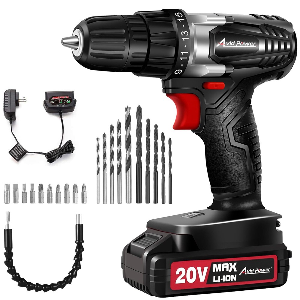 20V MAX Lithium lon Cordless Drill, Power Drill Set with 3/8-Inch Keyless Chu...