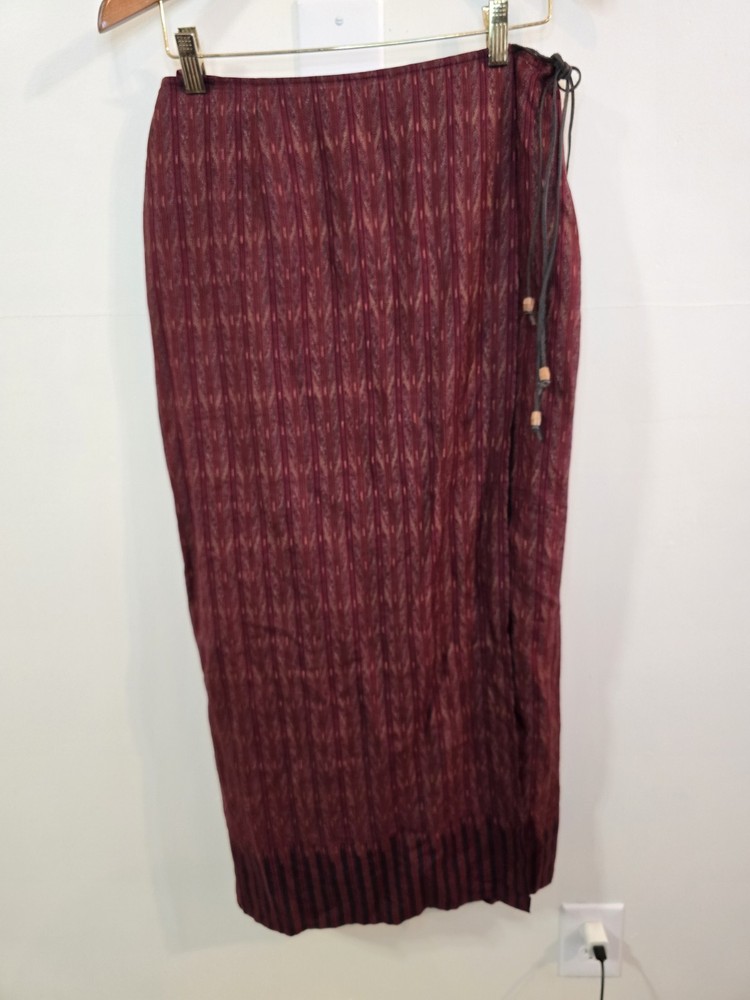 Lauren Ralph Lauren Silk Linen Blend Textured Wrap Skirt Burgundy Boho Size 8