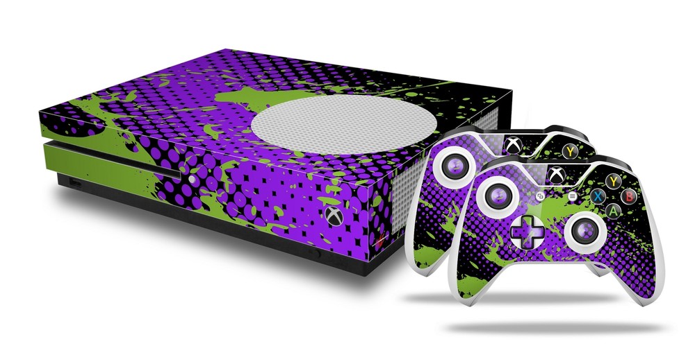 Skin XBOX One S Console Controller Halftone Splatter Green Purple