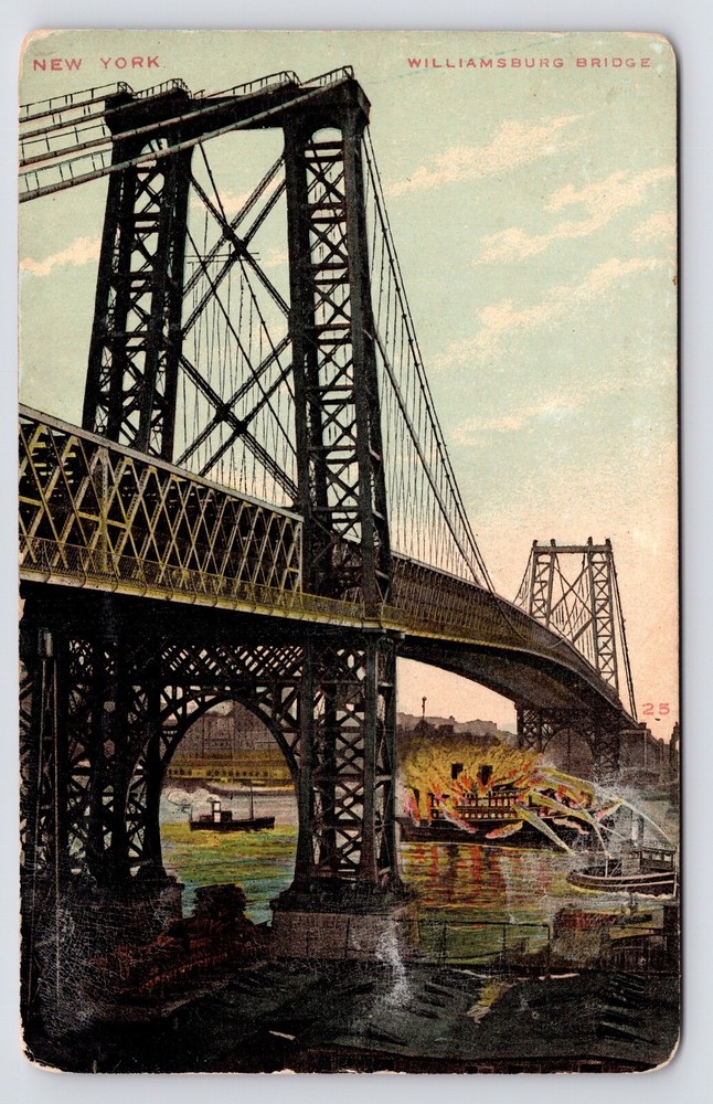 1900s~New York City NY~Flaming Steamboat~Williamsburg Bridge~East River~Postcard