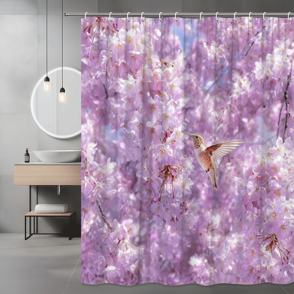 Pink Cherry Blossom Hummingbird Shower Curtain Floral Print