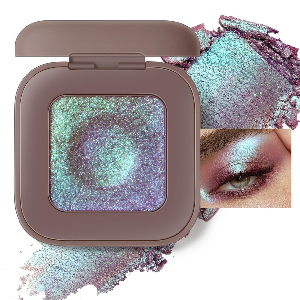 Duochrome Plum Mauve Green Blue Glitter Eyeshadow Palette, Holographic Chamel...