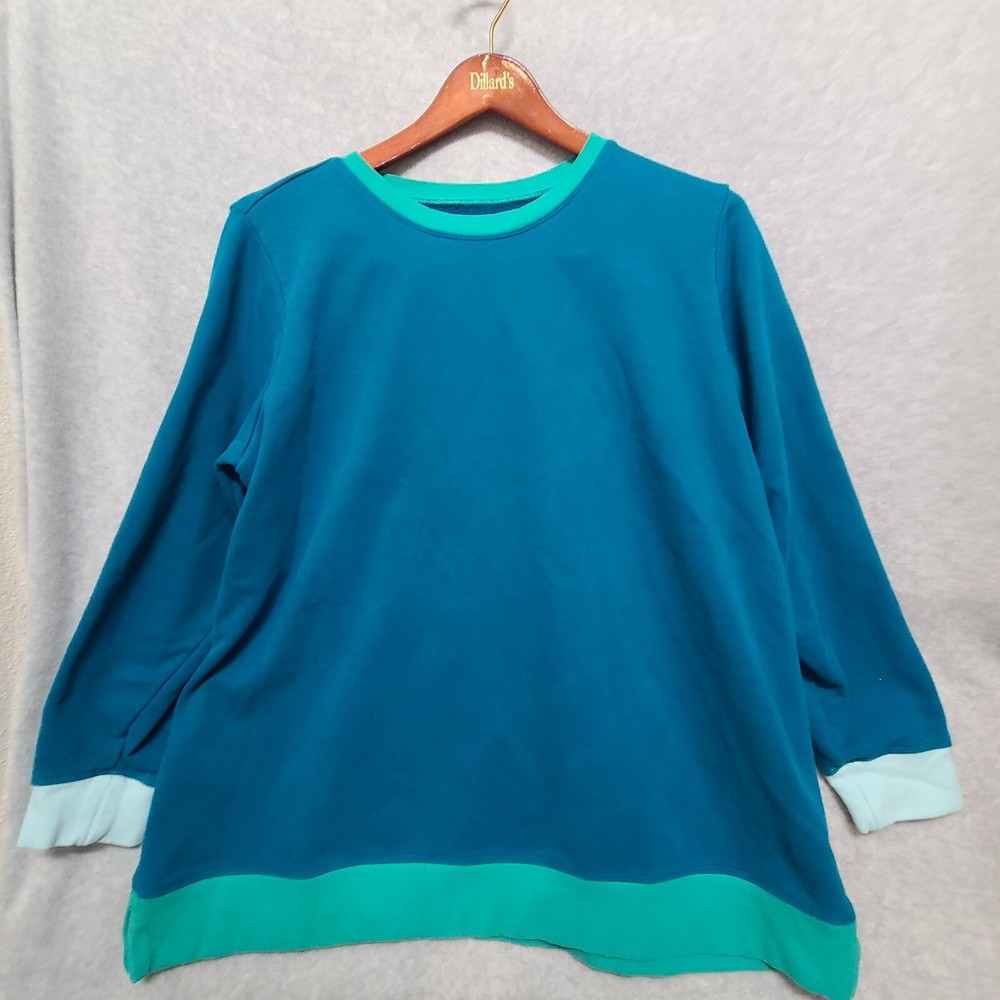 Lands End Serious Sweats Color Block Crewneck Sweatshirt Top Plus 2X Blue Green